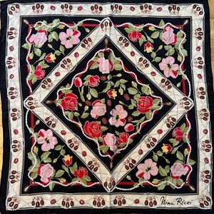 Lovely Nina Ricci Vintage Roses & Pearls Motif Silk Scarf Wrap Sq 22 In